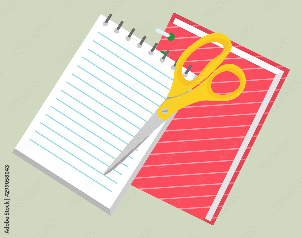 Poster office and school set of stationery as scissors and notebook. scissors to cut paper and divide into 