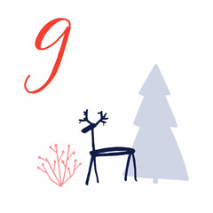 Advent calendar, day 9. Cute hand drawn illustration, large handwritten number on white background. Christmas card design. Minimalistic drawing of deer, spruce tree and winter bush