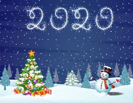 Christmas landscape at night. christmas tree and snowman. concept for greeting or postal card. 2020 with sparklers