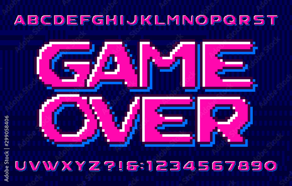 Fototapete game over alphabet font. eighties style pixel letters, numbers and symbols. pixel background. 80s ar