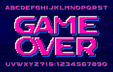 Game Over-Alphabet-Schriftart. Pixelbuchstaben, -zahlen und -symbole im Stil der 80er Jahre. Pixelhintergrund. Typoskript für Arcade-Videospiele der 80er Jahre. © epifantsev