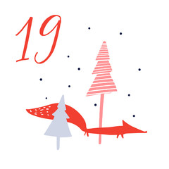 Fototapeta na wymiar Advent calendar, day 19. Cute hand drawn illustration, large handwritten number on white background. Christmas card design. Hiding red fox at winter forest with trees and falling snow