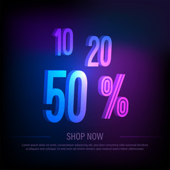 10, 20, 50 Percent sale background with neon glowing numbers. Text design for sale banner. Special offer poster. Layout for promo campaign. Vector concept template.