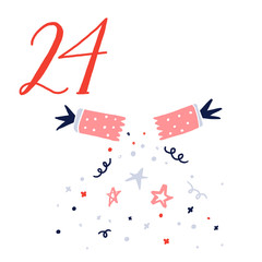 Advent calendar, day 24. Cute hand drawn illustration, large handwritten number on white background. Christmas card design. Festive cracher with confetti, holidays art