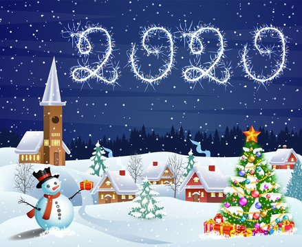 A house in a snowy Christmas landscape at night. christmas tree and snowman. 2020 with sparklers concept for greeting or postal card
