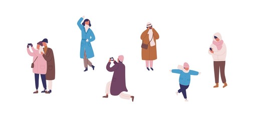 Fototapeta premium Photographing people in warm clothes flat vector illustrations set. Male and female faceless characters taking photos. Selfie posing. Winter season outdoor activity. Family rest, friendly walk.