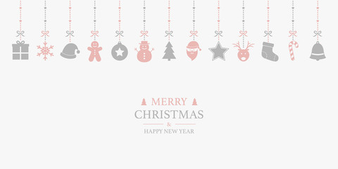 Hanging Christmas ornaments on white background with wishes. Xmas greeting card in cartoon style. Vector
