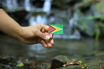 Young man holds national flag of Guyana on wooden stick. Teenager gives respect to nation state of Republic of Guyana. Stream and beauty of nature in background. Concept of omniscience and prosperity