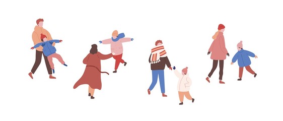 Walking families in warm clothes flat vector illustrations set. Playing children and parents faceless characters. Winter season outside activity. Family entertainment. Outdoor rest, stroll with child.