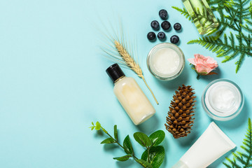 Facial cosmetics, Skin care product on blue.