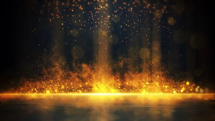 Foto auf Acrylglas Feuer Abstrakter stilvoller Lichteffekt auf schwarzem Hintergrund. Gold leuchtende Neonlinie. Goldener leuchtender Staub und grelles Licht. Blitzlicht. leuchtende Spur