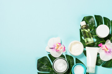 Natural cosmetics, Skin care product on blue.