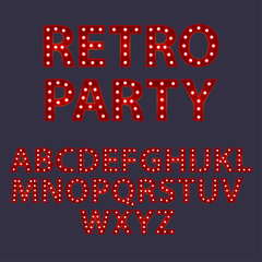 Retro party. Set of red alphabet from English letters with luminous glowing lightbulbs. ABC vector typography words design. Template type font for poster.