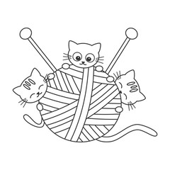 cute black and white cartoon cats playing with wool ball funny vector illustration for coloring art