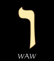 Hebrew letter waw, sixth letter of hebrew alphabet, meaning is hook, gold design on black background, vector alefbet
