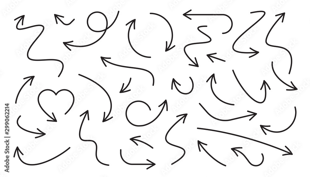 Poster arrows line icons set. curly, straight and twisted shapes. different arrows collection. design direc