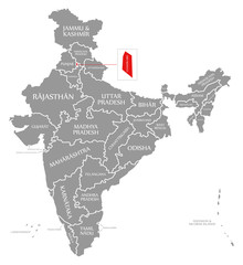 Fototapeta premium Chandigarh red highlighted in map of India
