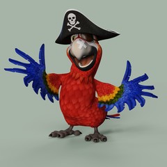 Funny cartoon parrot pirate. 3d illustration