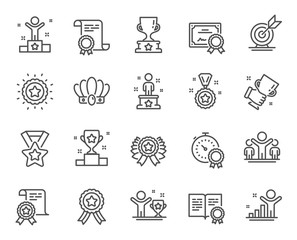 Success line icons. Winner cup, goal target, certificate. Reward, medal with ribbon, crown icons. Award, winner podium, first place success. Statue, diploma with certificate, challenge. Vector