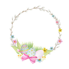 Watercolor Easter wreath, isolated on white background. Decorative elements for cards design, banners, invitations. Hand painted Round frame with pussy willow branch, spring flowers, colored eggs