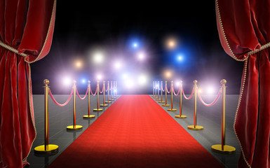 3d image render of a red carpet with velvet curtains and flash in the background.