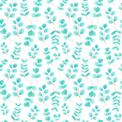 Eucalyptus hand painted watercolor seamless pattern on white background. Perfect for fabric, christmas wrapping papper, covers design, wedding stationary, greetings, wallpaper. 