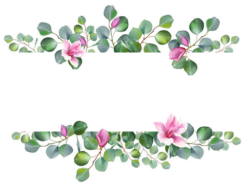 Watercolor floral illustration with eucalyptus green leaves and magnolia flowers isolated on white background. Hand painted wreath flowers for wedding invitation, save the date or greeting design.