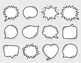 Comic speech bubbles vector. Thinking and speaking clouds. Retro bubbles shapes. Balloons with halftone shadow. Vintage pop art style design. Comic graphic elements. Cartoon badge. Vector balloons