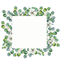 Watercolor floral illustration with eucalyptus green leaves and jasmine flowers on white background. Hand painted frame for wedding invitation, save the date or greeting design.