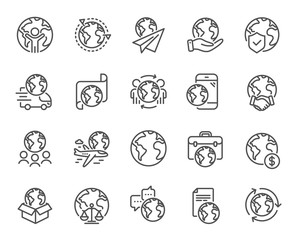 World business line icons. Global law, translate language, Outsource business. International organization, financial transactions, world map icons. Delivery service, global outsource. Vector