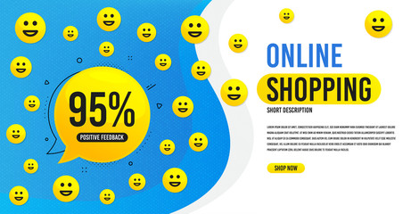 Fototapeta na wymiar Online shopping feedback banner. Brochure design with smile and chat bubble. Flyer template background. Customer satisfaction with smileys. Feedback emotions vector banner.