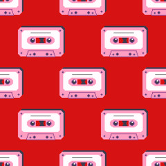 Seamless pattern of cassette tape. Retro vintage mixtape . Vector pixel art illustration. 8 bit