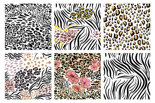 set of animal safari jungle print seamless pattern tile backgrounds. leopard, zebra, snake skins.