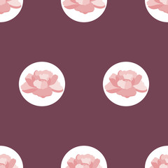 Vector Rose Blooms in Circles on Warm Purple seamless pattern background.