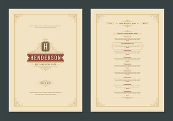 Menu design template with cover and restaurant vintage logo vector brochure.