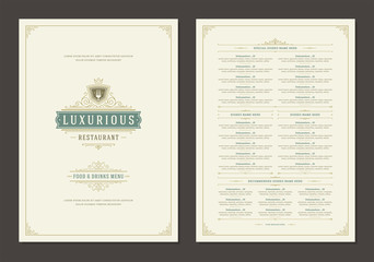 Menu design template with cover and restaurant vintage logo vector brochure. - obrazy, fototapety, plakaty
