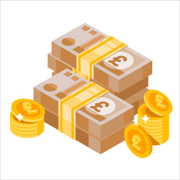 Cartoon heap of pound sterling. Big pile of english money. Money icon in isometric style. Money illustration of wealth and condition.