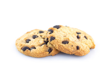 pile cookie chocolate on white background.