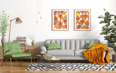 Modern interior design of living room with grey sofa, floor lamp and green armchair 3d rendering © Vadim Andrushchenko