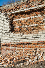 The old brick wall damaged by time and weather