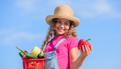 So yummy. little girl vegetable in basket. Only natural. harvest vitamin. spring market garden. healthy food for children. happy little farmer. autumn harvest. kid on summer farm. Organic food