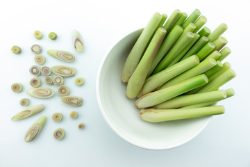 slice lemon grass in bowl on white background.