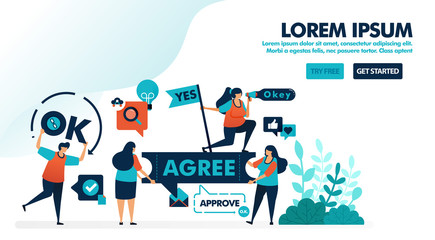Approve and allow content. Verify and confirm to agree. Yes and okay flag. Agree to in agreement. Flat vector illustration for landing page, web, website, banner, mobile apps, flyer, poster, ui ux