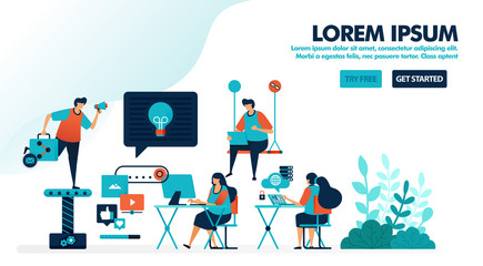 Workplace design for millennials. Coworking space or a modern workplace. Office startup to find ideas. Flat vector illustration for landing page, web, website, banner, mobile apps, flyer, poster, ui