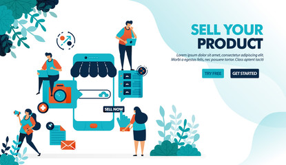 Marketplace platform for selling with smartphone. Create shop or business with a mobile system. Online internet promotion. Flat vector illustration for landing page, web, website, banner, mobile apps
