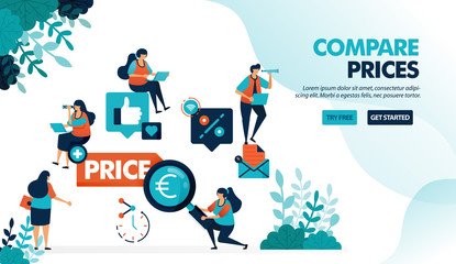 Compare prices for individual stores and products. Find the best prices with more discounts and promos. Flat vector illustration for landing page, web, website, banner, mobile apps, flyer, poster
