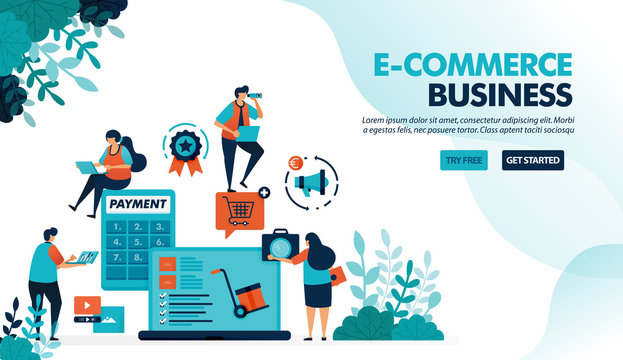 Ecosystem In E-commerce Business. Starting Choosing Product, Payment & Shipping Method. Calculator For Bagets. Flat Vector Illustration For Landing Page, Website, Banner, Mobile Apps, Flyer, Poster