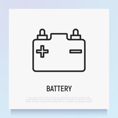 Car battery thin line icon. Modern vector illustration of accumulator.