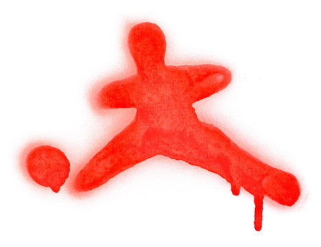 Red spray painted, stained graffiti of silhouette man with ball, soccer isolated on white background, clipping path
