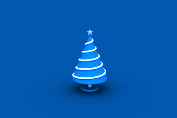 Abstract blue Christmas tree with yellow ribbon and golden star. 3D rendering